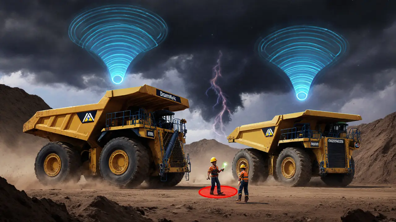 Экскаватор останавливается, когда шахтёр заходит в опасную зону.