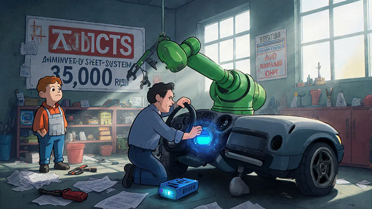 Механик устанавливает систему ЭРА-ГЛОНАСС в автомобиль, владелец наблюдает с тревогой.