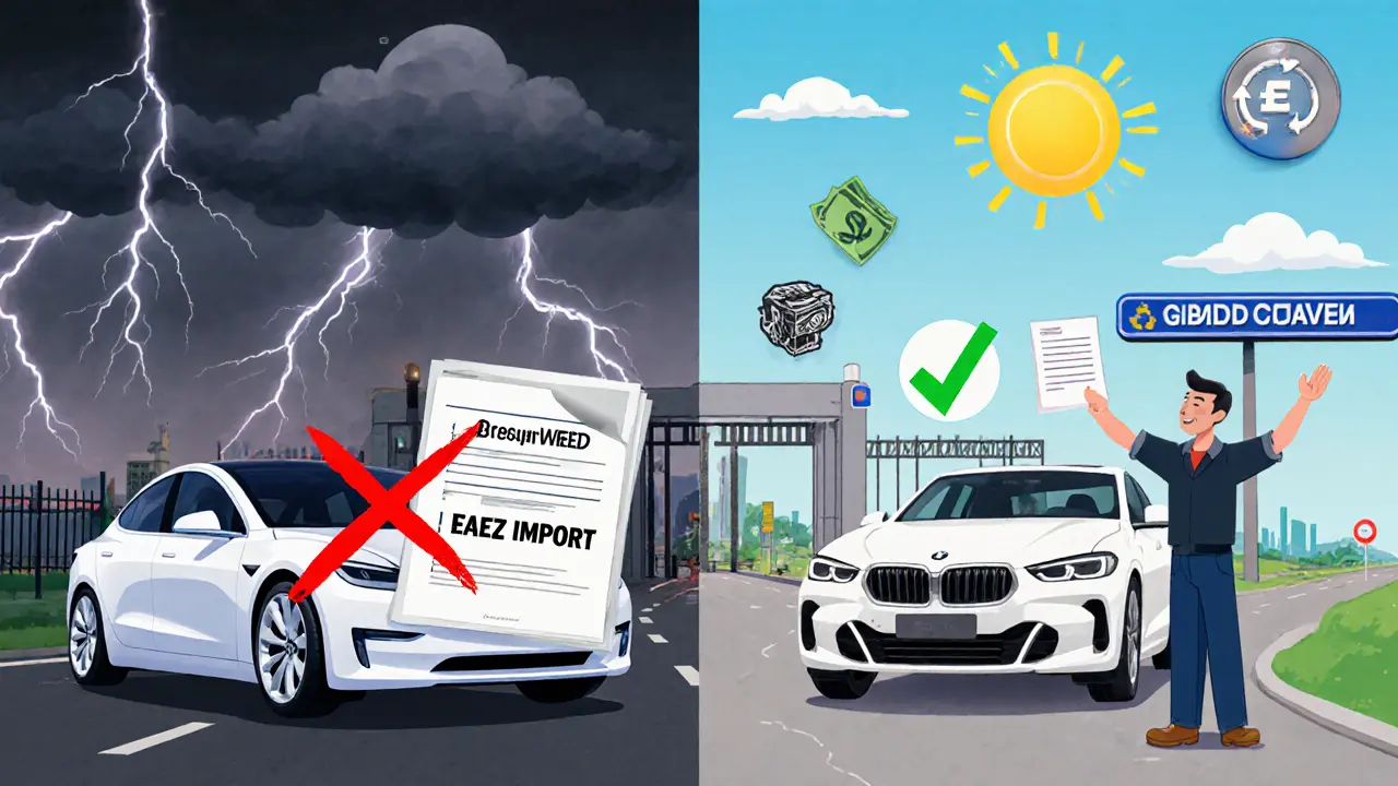 Запрещённый электромобиль с крестом и разрешённый бензиновый автомобиль у границы.