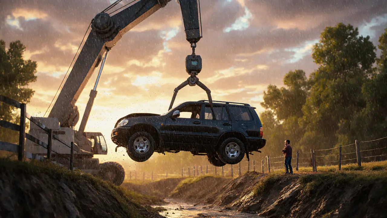 Манипулятор поднимает повреждённый автомобиль над оврагом, не касаясь земли.