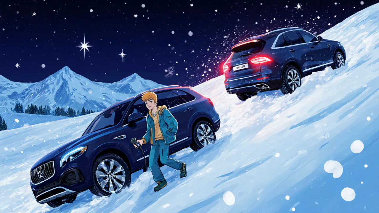 Машина с механикой уверенно едет по снегу, в то время как автоматическая застряла в сугробе.