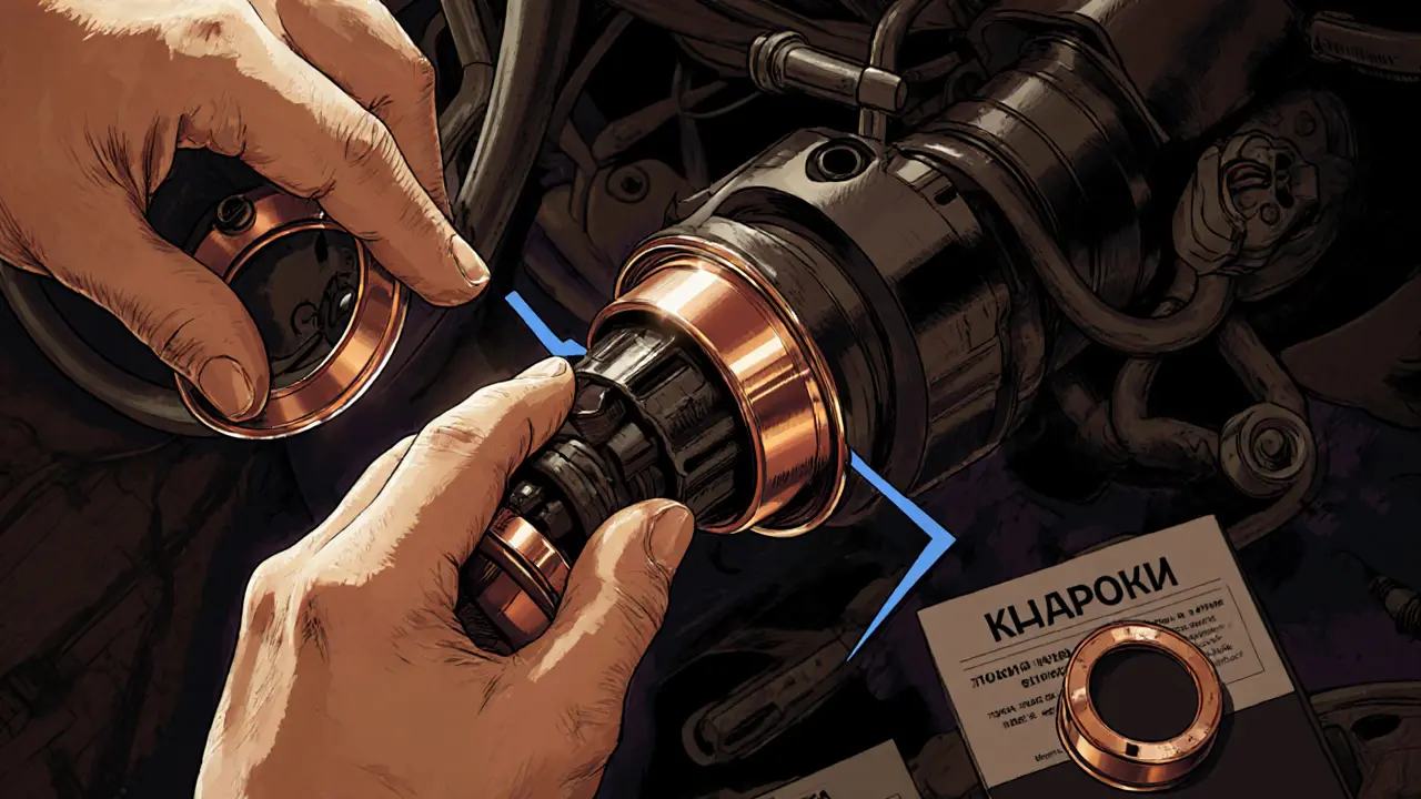 Механик устанавливает переходник с токосъёмным кольцом на рулевую колонку ВАЗ