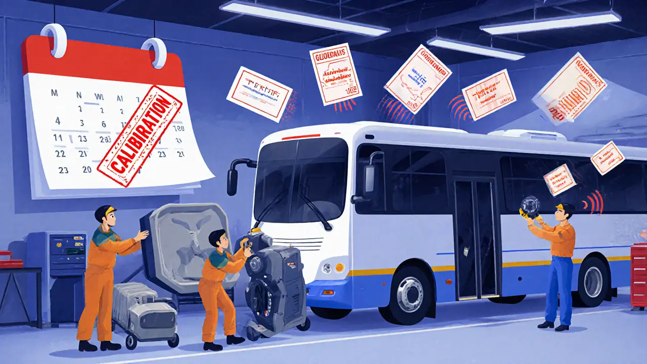 Механики устанавливают сертифицированный тахограф с GPS и криптозащитой на автобус в мастерской.