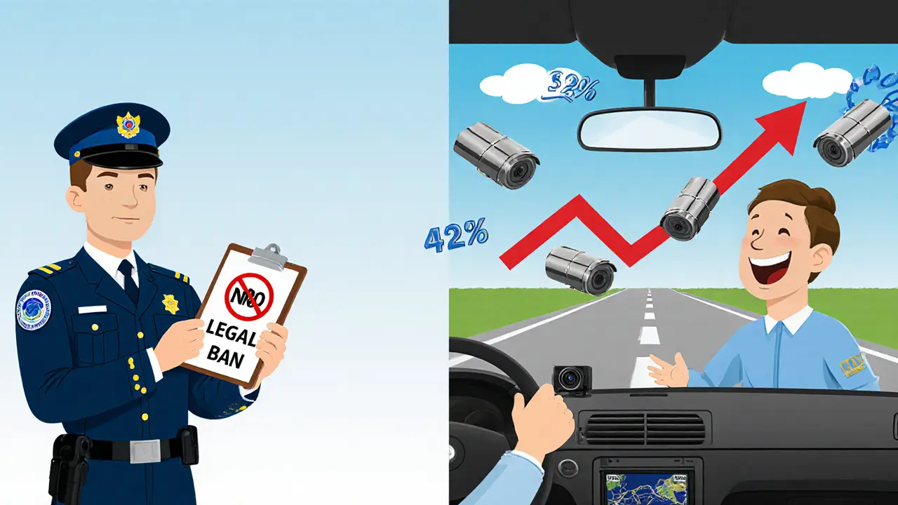 Разделённая сцена: полицейский не может забрать детектор, а водитель едет с гибридным устройством, над дорогой — иконки радарных и видео-камер.