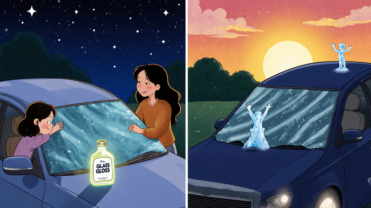 Семья накрывает машину тканевым чехлом вечером, утром стекло чистое и сухое.