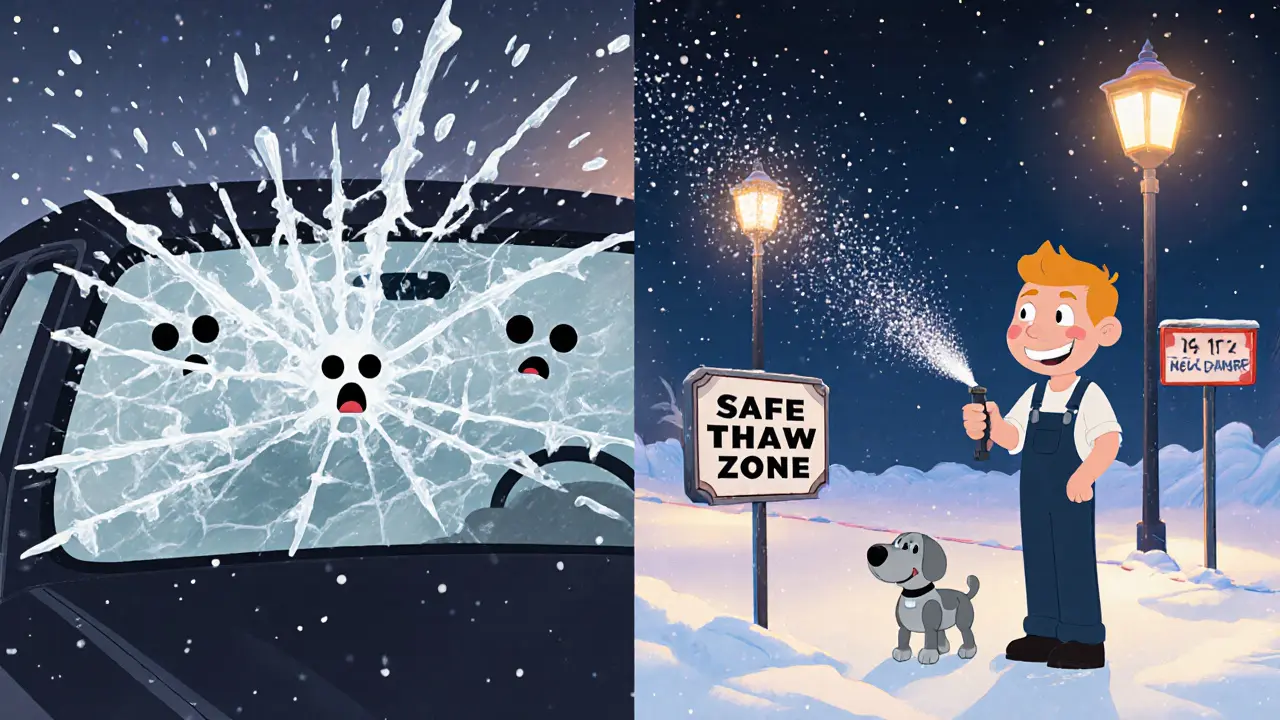 Слева — треснувшее стекло от кипятка, справа — мгновенное таяние льда безопасным средством.