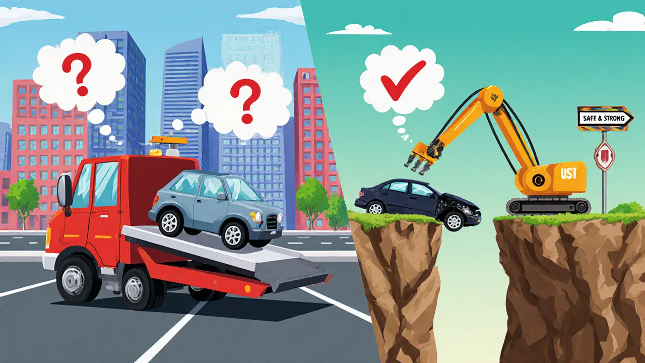 Сравнение эвакуатора и манипулятора в стиле мультфильма: быстрый и безопасный способы.