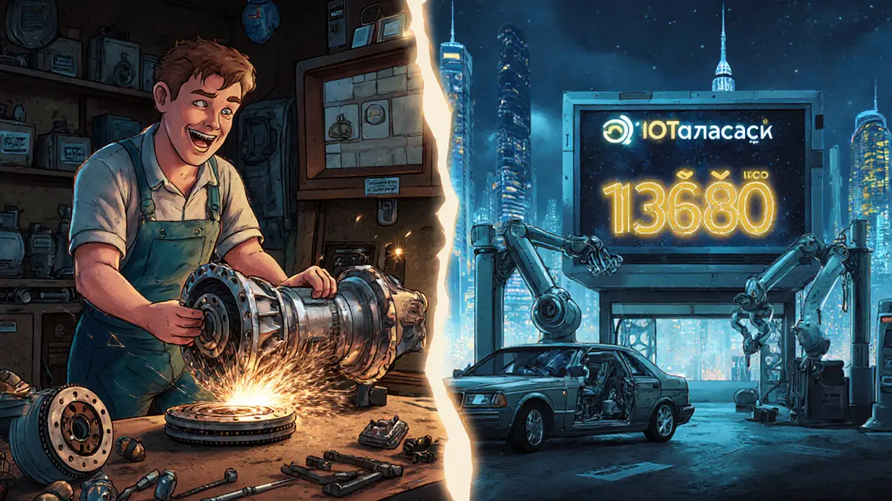 Сравнение гаражного ремонта механики и дорогого сервиса автоматической коробки в стиле мультфильма.