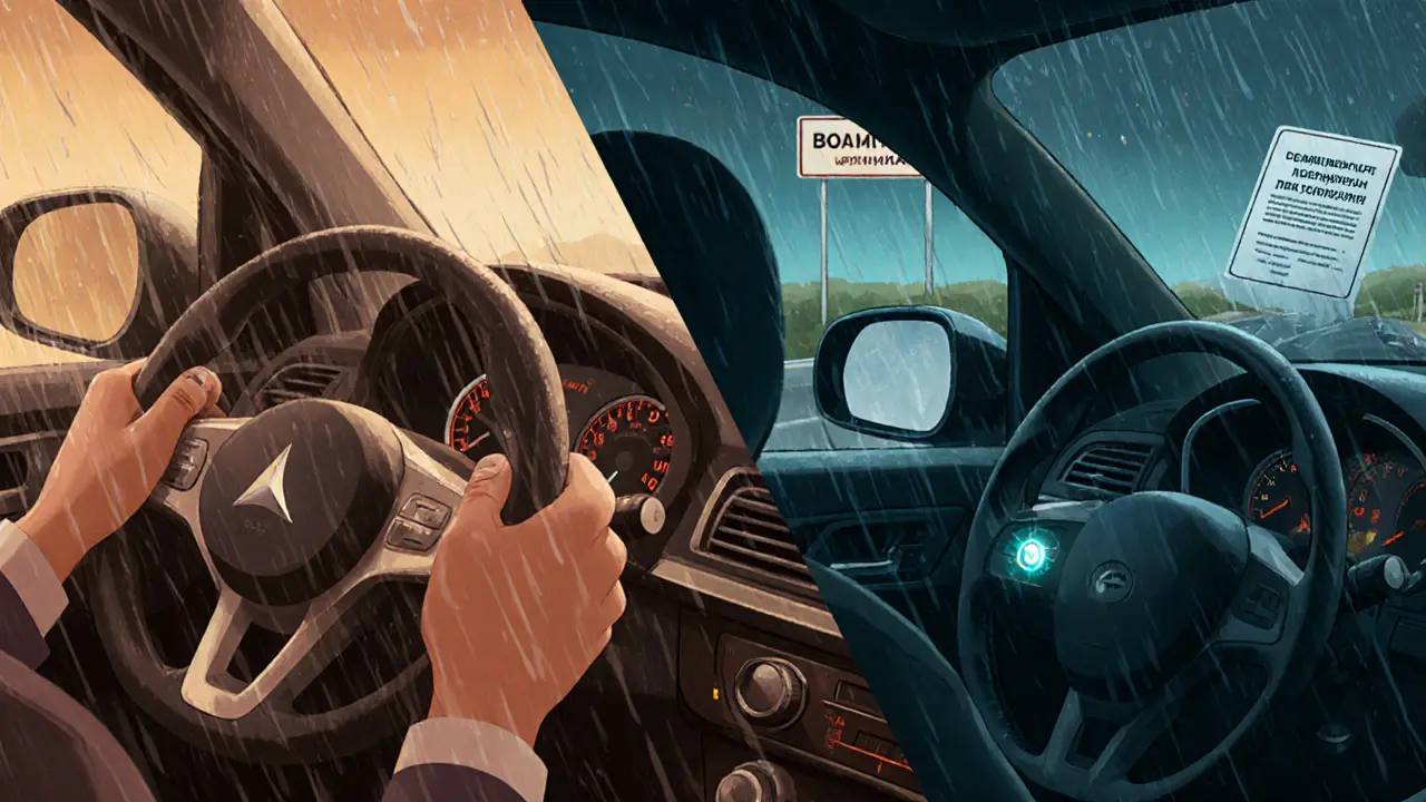 Сравнение опасного и безопасного руля: один с мигающей кнопкой, другой — с сертификатом