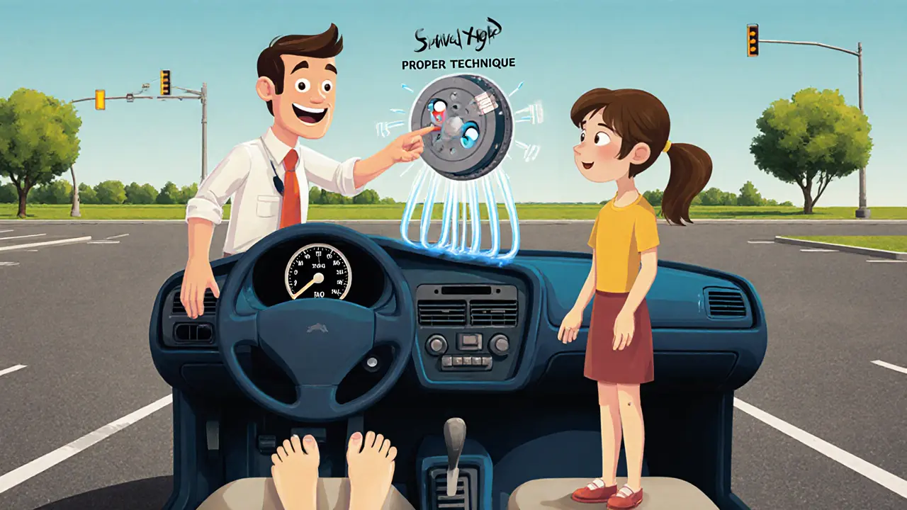 Инструктор показывает студенту, как синхронизировать педали сцепления и газа, с анимированным светом между ними.