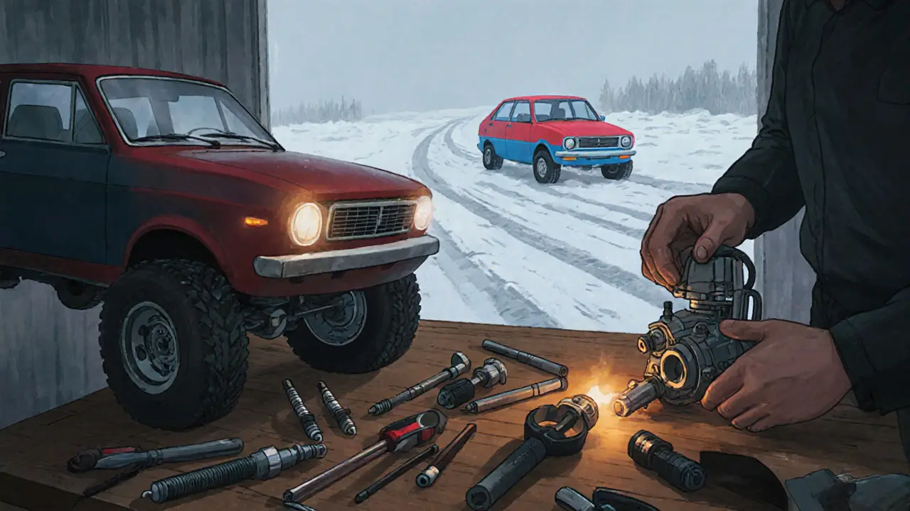 Механик меняет подвеску и свечи Fiat 124, чтобы сделать машину выносливой для русских дорог.