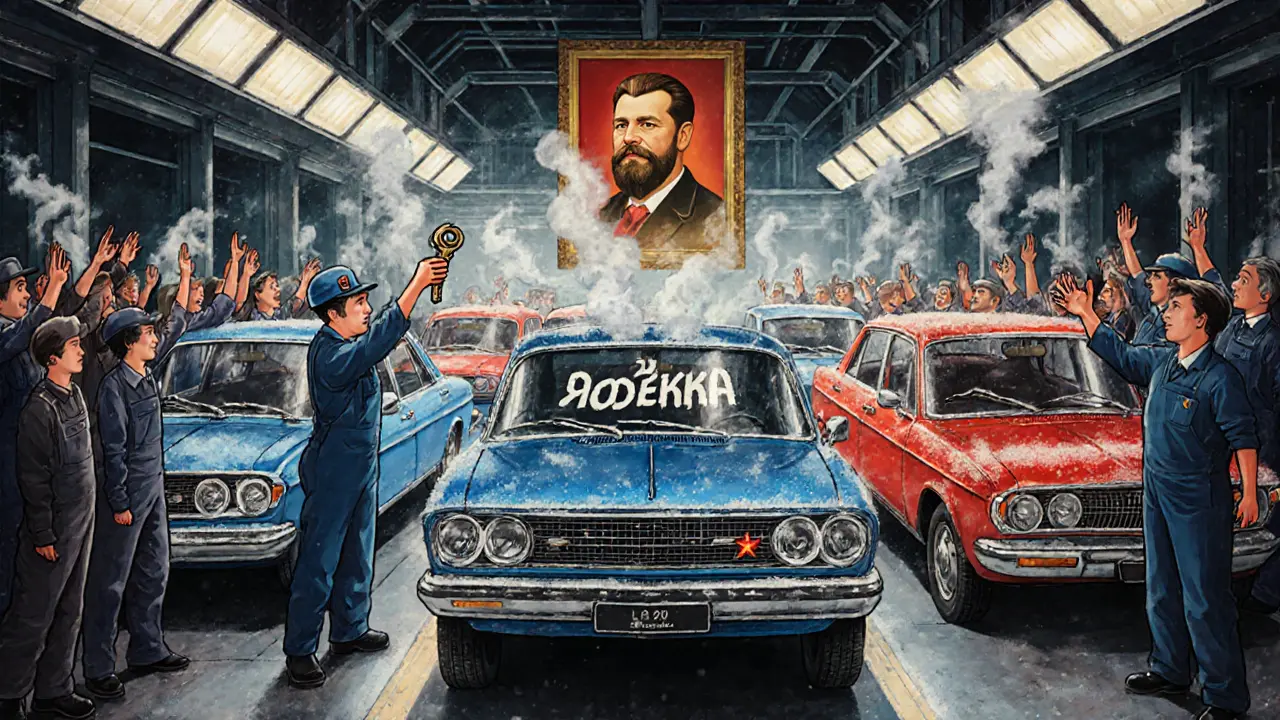 Первые шесть «Жигулей» выходят с конвейера — два синих и четыре красных, рабочие радуются.