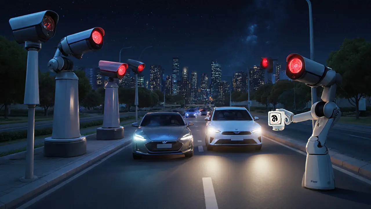 Автоматические камеры фиксируют нарушения света, одна машина проходит законно с правильным светом.