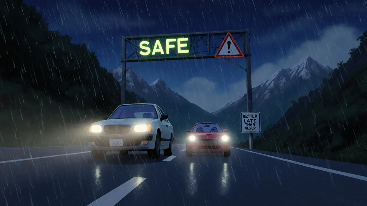 Машина возвращается на свою полосу после безопасного обгона, в то время как другой водитель останавливается у сплошной линии на темной горной дороге.