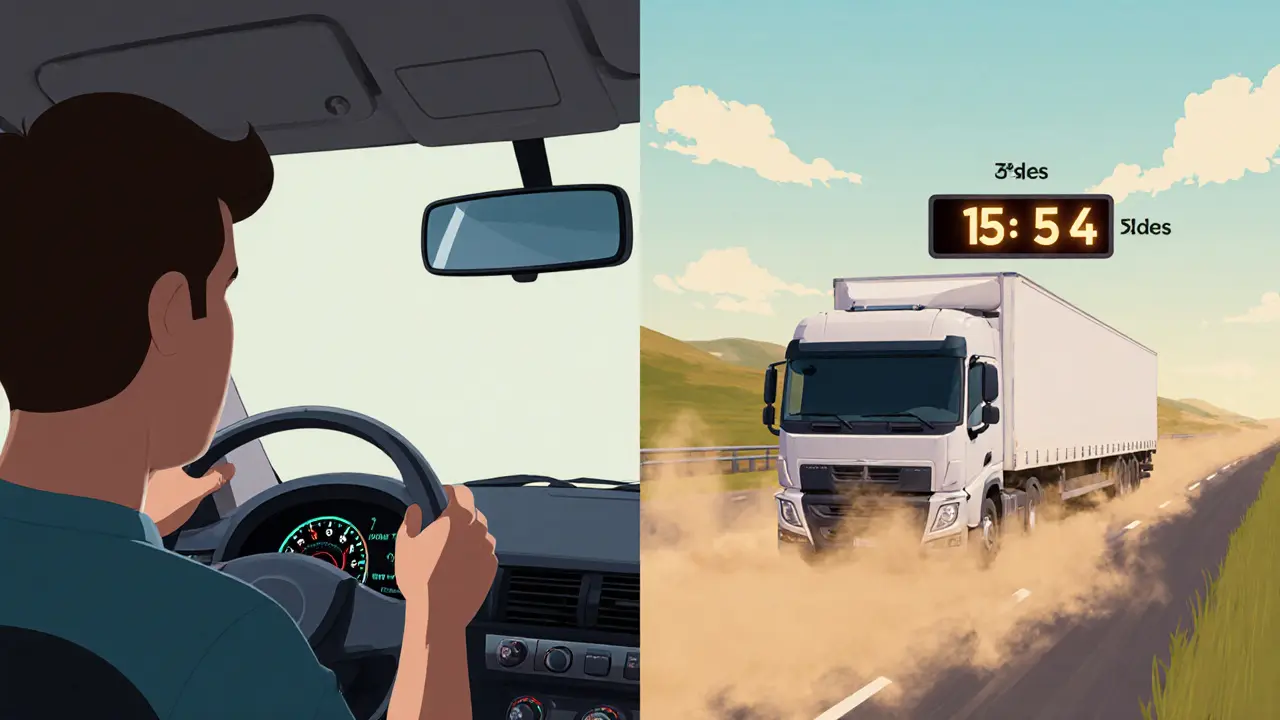 Сравнение двух сцен обгона: медленный с риском и быстрый с безопасностью, показанные в виде анимационной иллюстрации с таймером.