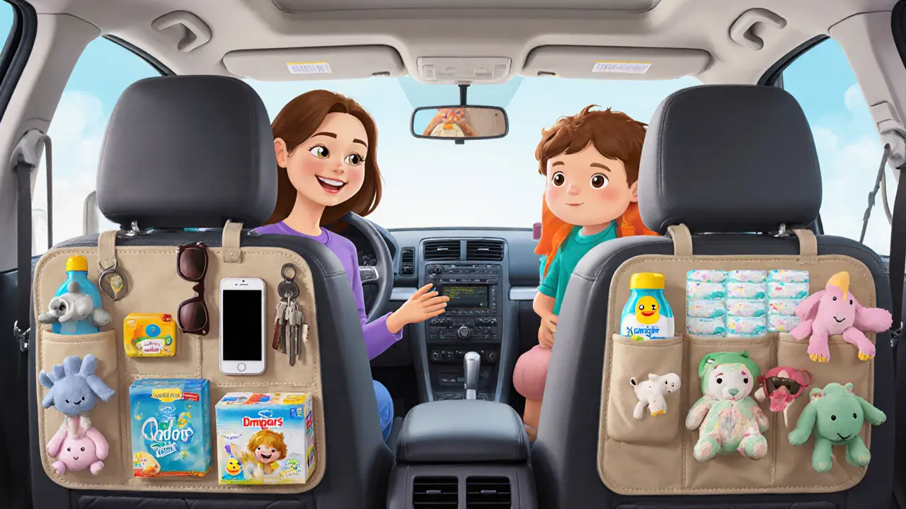 Упорядоченный салон автомобиля с органайзерами на центральной консоли и спинке сиденья.