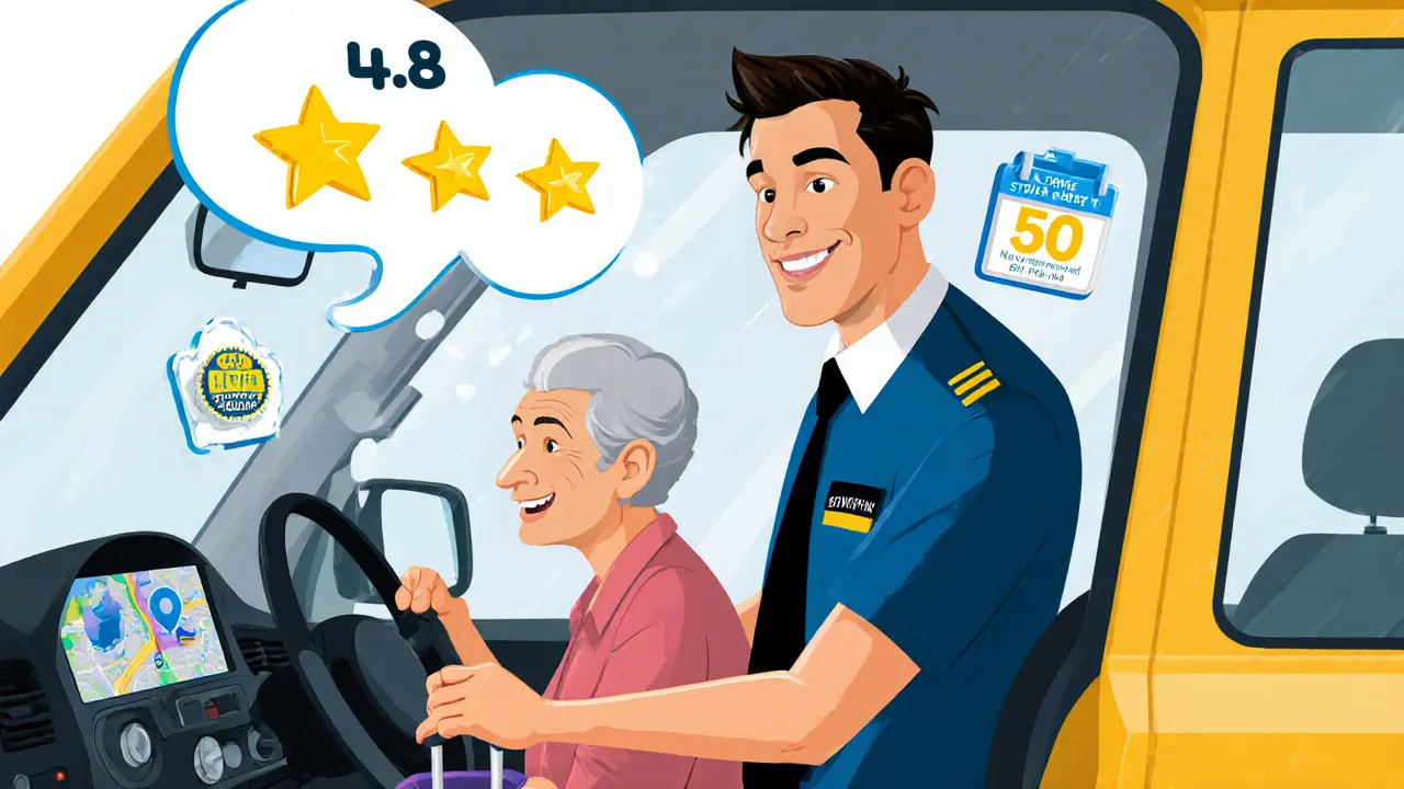 Водитель улыбается, помогая пассажиру с багажом, над его машиной растёт рейтинг до 4.8.