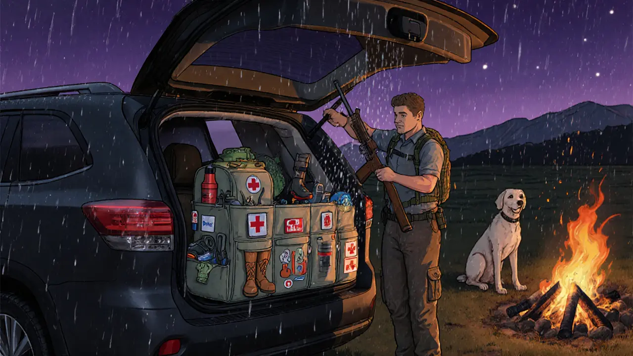 Жесткий органайзер в багажнике с охотничьим снаряжением, открытый как ящик для пикника.