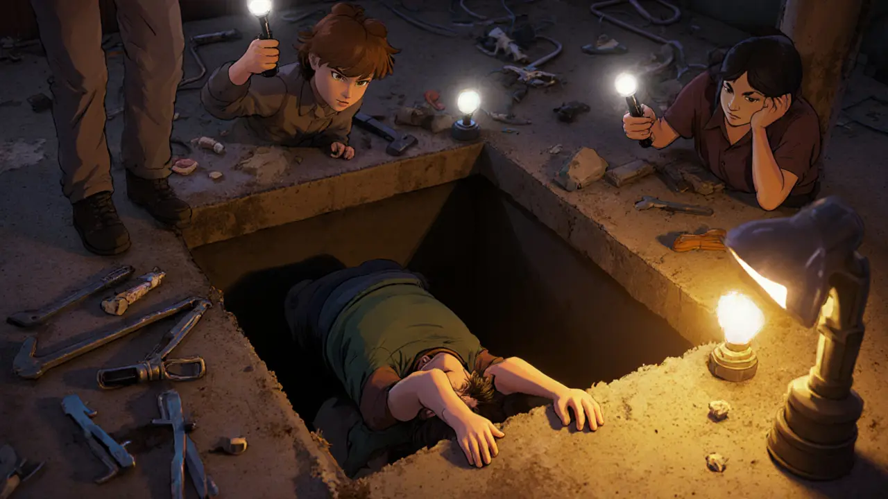 Человек лежит на дне ямы, не двигается, рядом свидетели с фонариками, один звонит в 112.