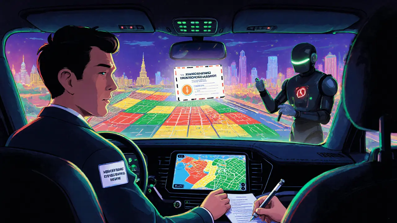 Цифровая панель такси с цветными зонами и скидкой от страховщика, водитель получает бонус за безаварийность.