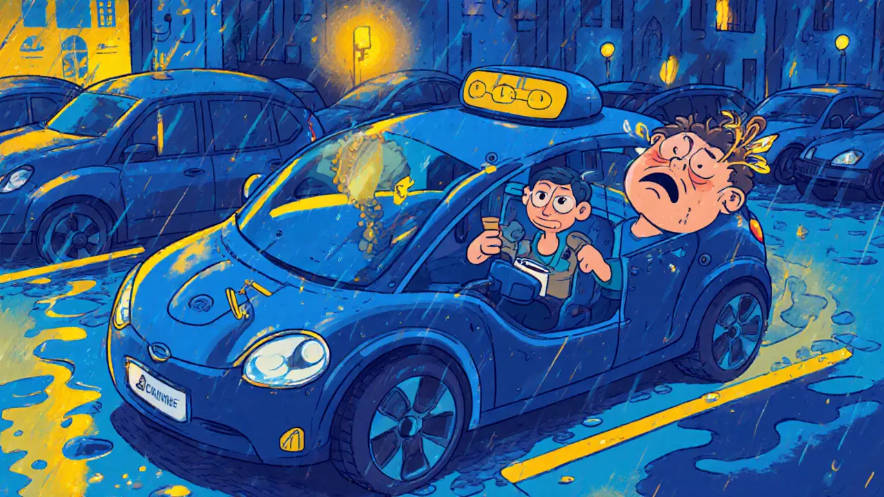 Электромобиль сам паркуется в тесном месте, водитель спокойно пьёт кофе.