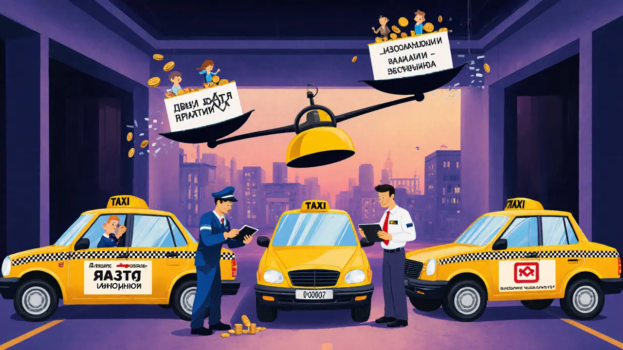 Гараж с тремя такси: один проверяют, второй показывает данные телематики, третий — с повреждёнными сиденьями.