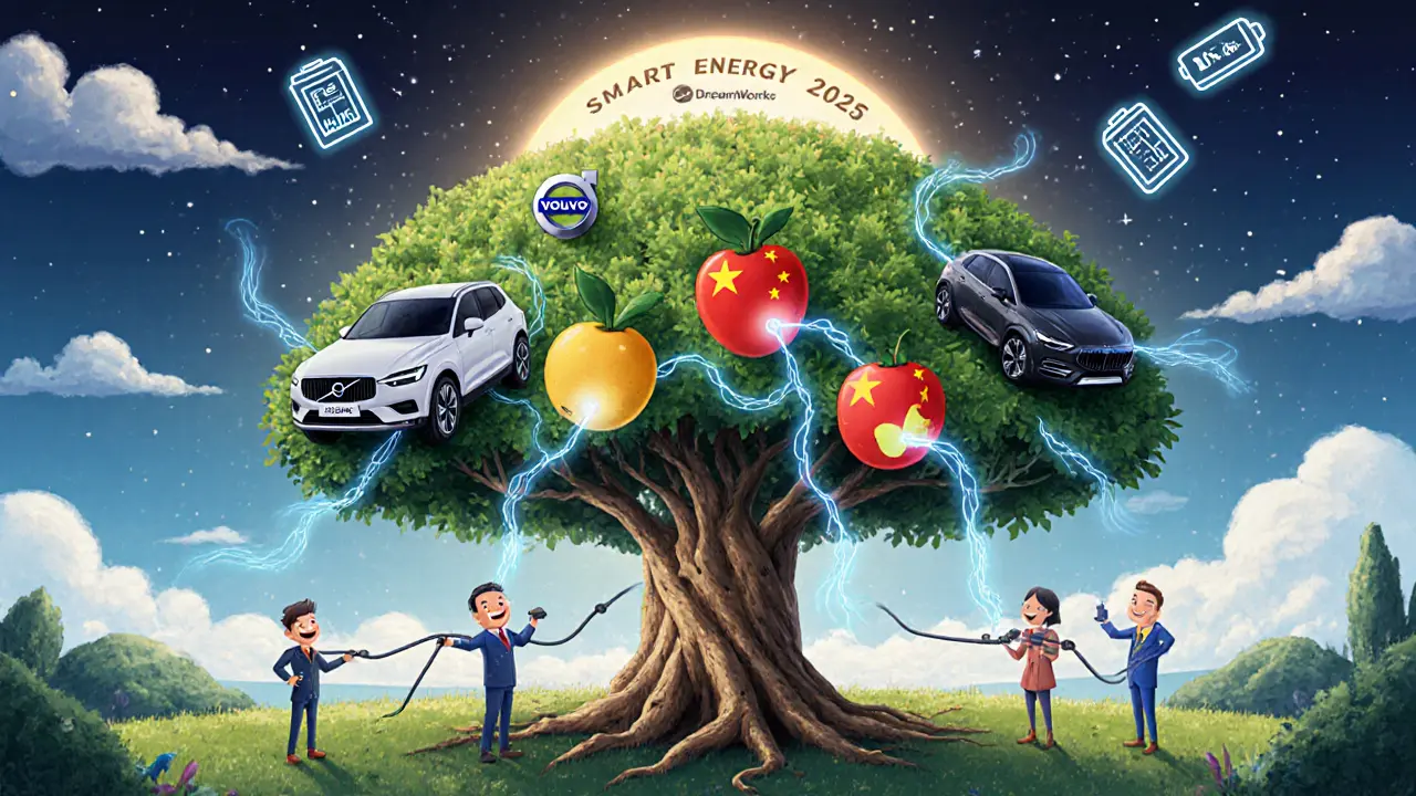 Гигантское дерево с брендами Geely растёт из Китая в Европу, между ветвями течёт электричество.