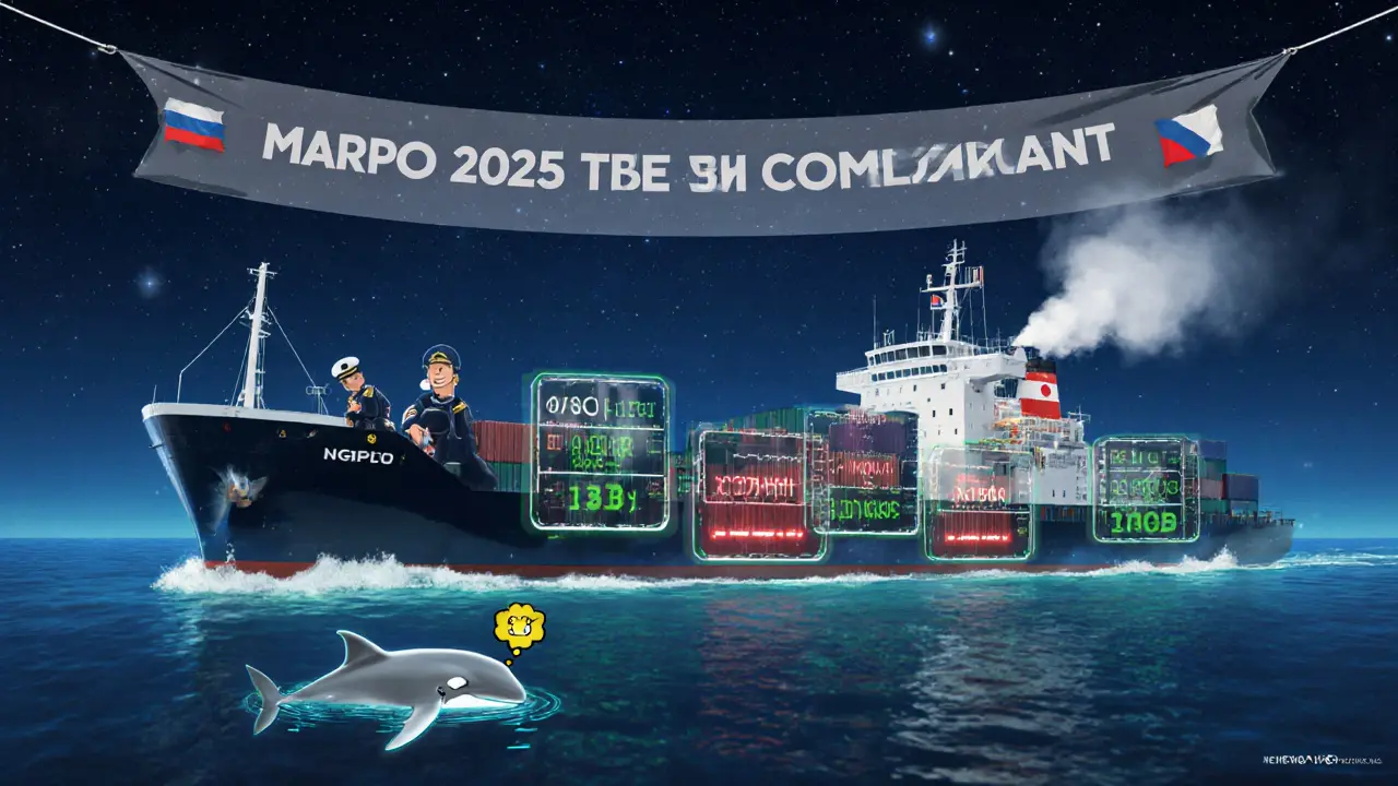 Грузовой корабль с голограммой снижения выбросов и дружелюбным китом под звездным небом.