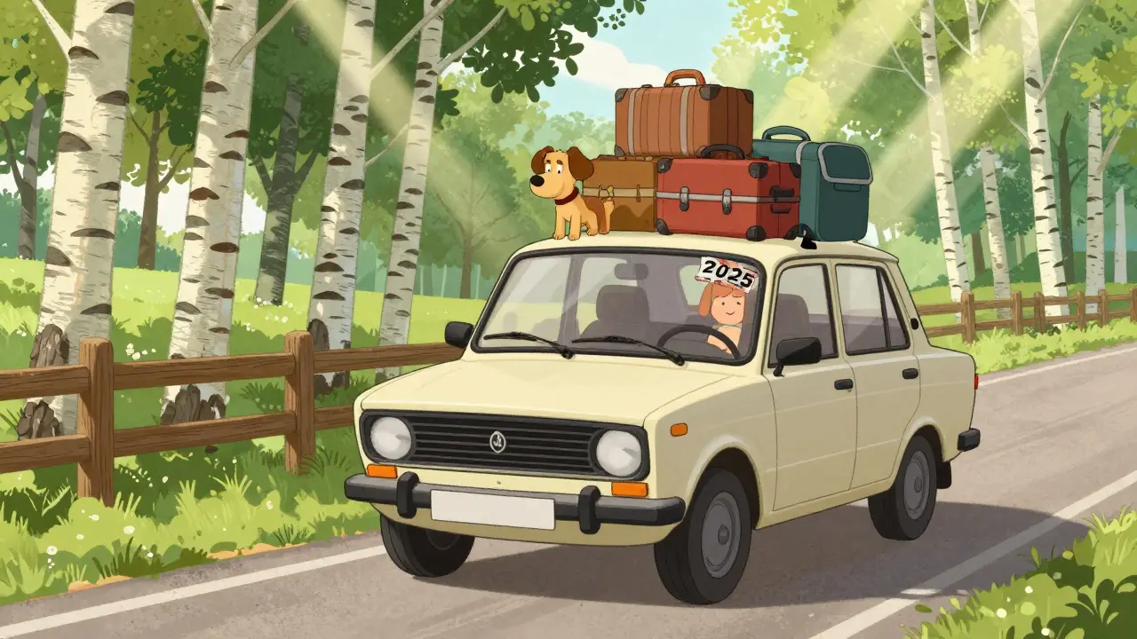 Lada Iskra едет по сельской дороге с семьёй и собакой, между берёзами.