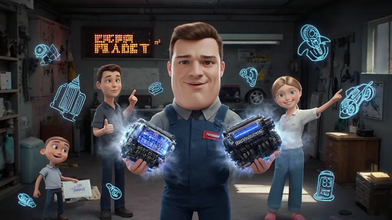 Механик сравнивает старый и новый двигатель, вокруг — детали и надпись &#039;Мощность встречает планету&#039;.