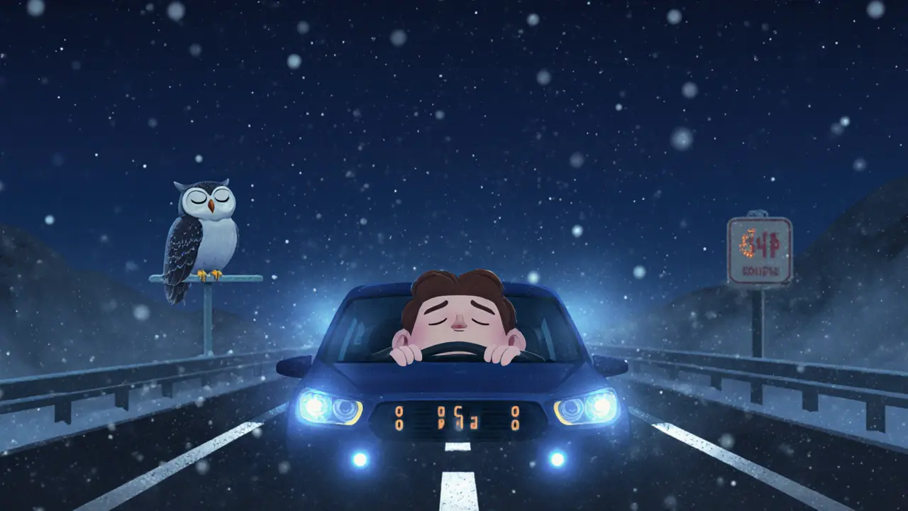 На тёмной трассе система удержания полосы мягко возвращает машину в центр, снег падает вокруг.