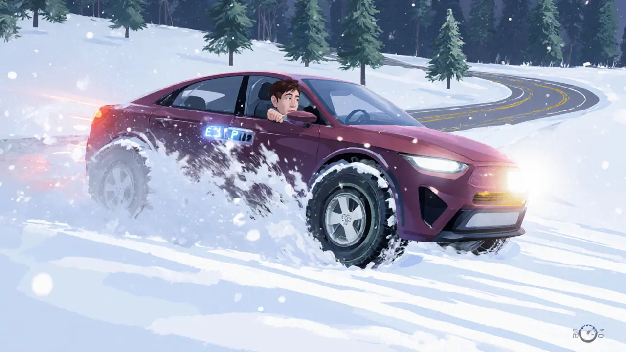 Переднеприводная машина выходит из заноса, водитель добавляет газ, снег летит от передних колес.