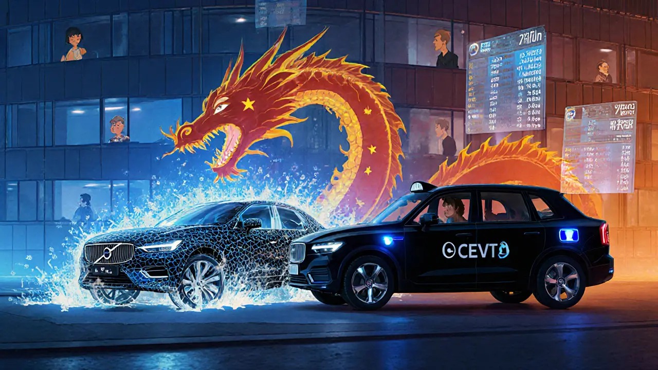 Шведская Volvo с китайскими драконьими узорами стоит рядом с британским такси, вокруг — светящиеся схемы безопасности.