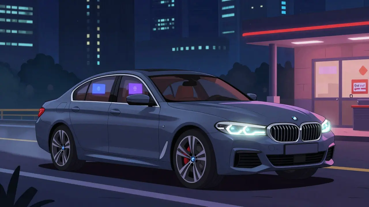 Volga C40 ночью в городе с неоном, внутри светится салон, сервис в тени.