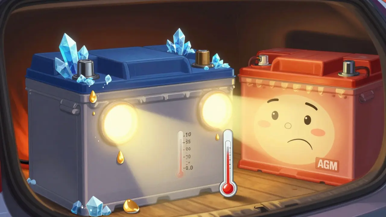 Аккумулятор с искрами и льдом, рядом светится AGM-батарея — холод против тепла.
