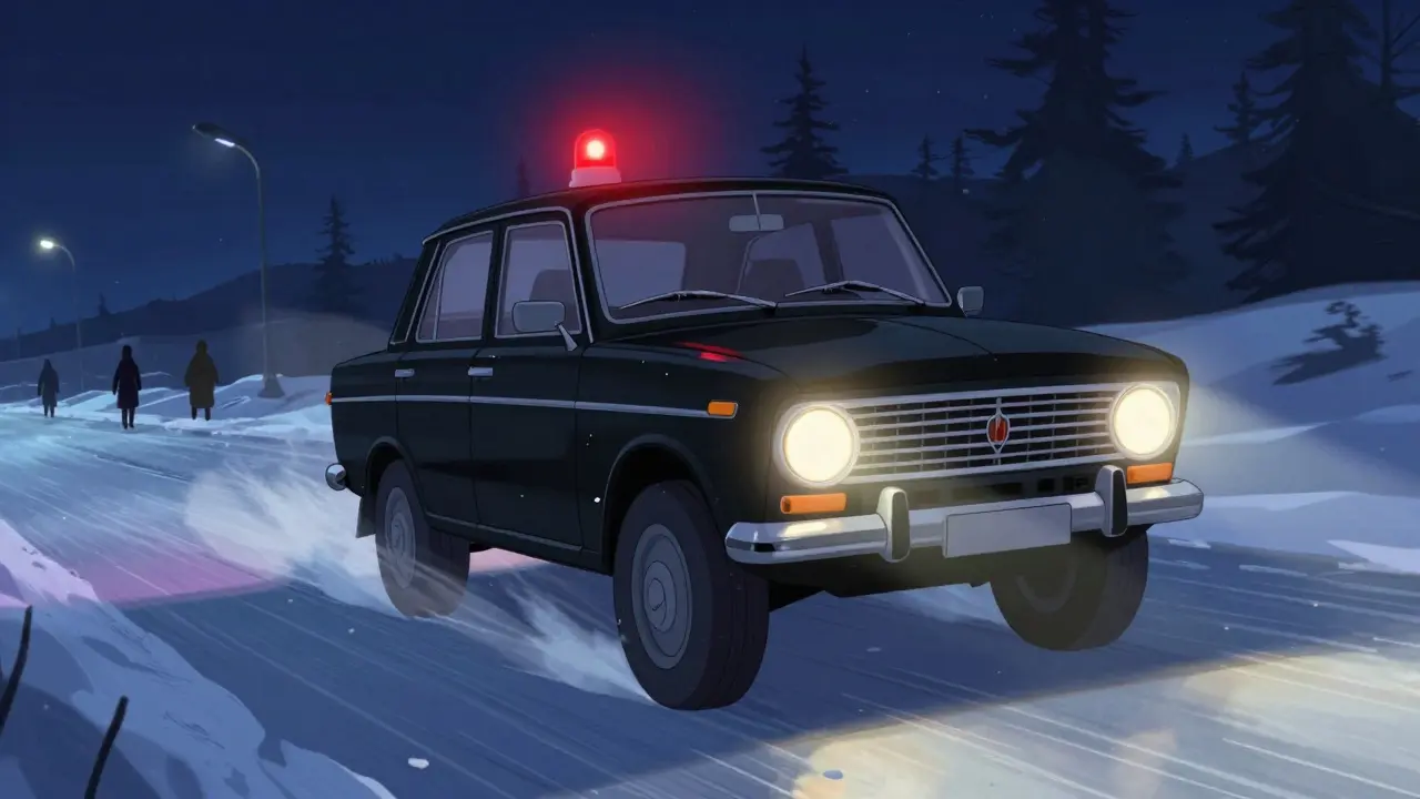 Чёрная Волга ГАЗ-2425 мчится по снежной дороге ночью с мигалкой на крыше.