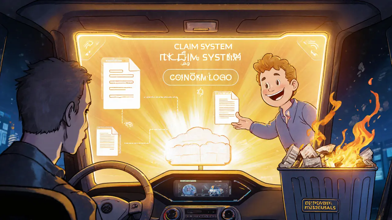 Цифровая панель 2025 года показывает быструю выплату по КАСКО, старые бумажные отказы сгорают в корзине.