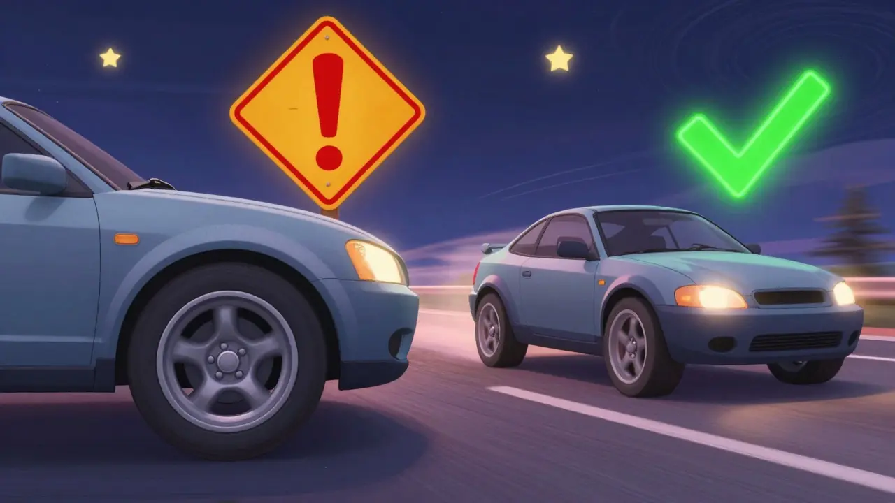 Два варианта машины: одна с задеванием арки, другая — плавно едет, с красным и зеленым предупреждениями.