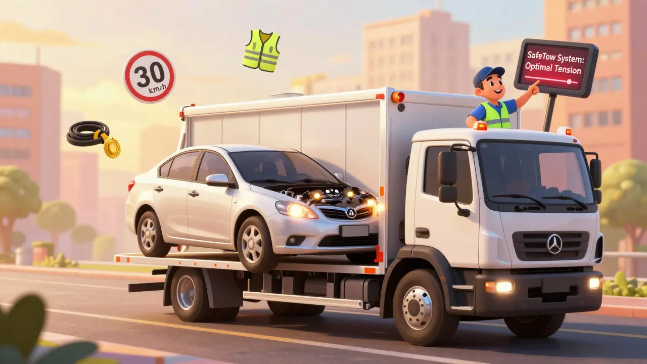 Эвакуатор поднимает переднюю часть автомобиля с АКПП, рядом — знаки безопасности и система SafeTow.