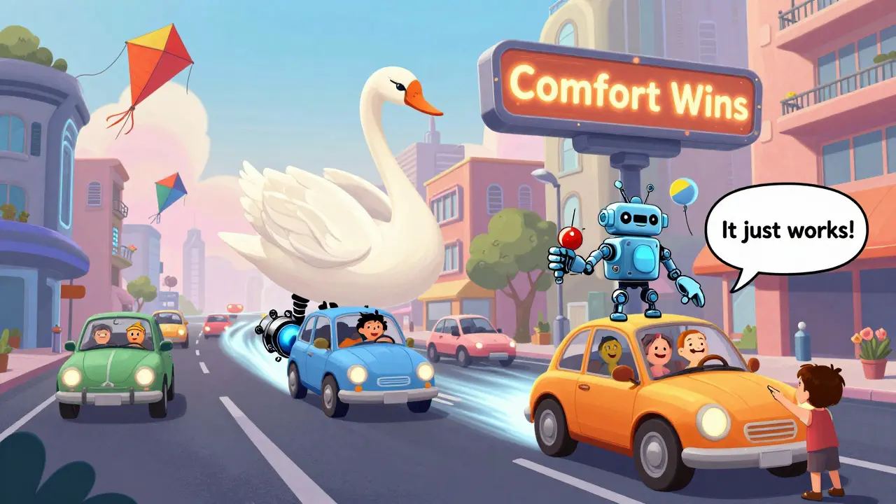 Город 2025 года: гидротрансформаторы едут спокойно, вариаторы дымятся, роботы ломаются — надпись &#039;Комфорт побеждает&#039;.