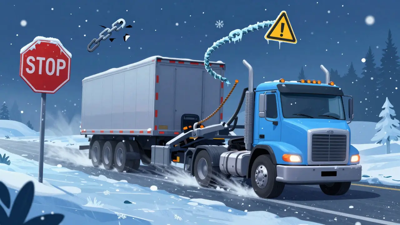 Грузовик на жёсткой сцепке буксируется зимой на ледяной дороге, снег и предупреждающие знаки вокруг.