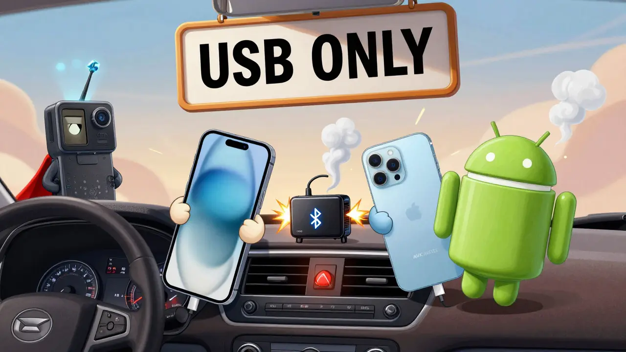 iPhone и Android телефон дерутся за подключение к магнитоле, одна модель перегревается, другая — с антенной 4G.