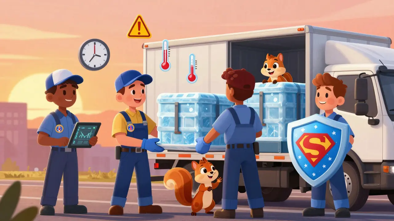 Команда логистов загружает термоконтейнеры в грузовик, на экране — графики температуры, вокруг — символы контроля.