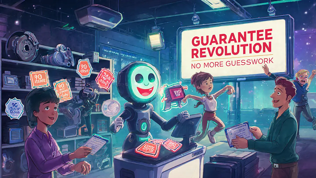 Магазин автозапчастей 2025 года с яркими ярлыками &#039;90 дней гарантии&#039;, клиенты получают новые сертификаты от робота-продавца.