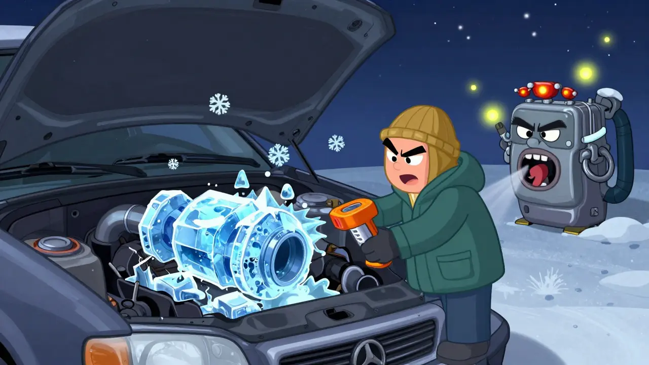 Маленький механик тает лед в выхлопной трубе, свечи накаливания светятся, как огоньки.