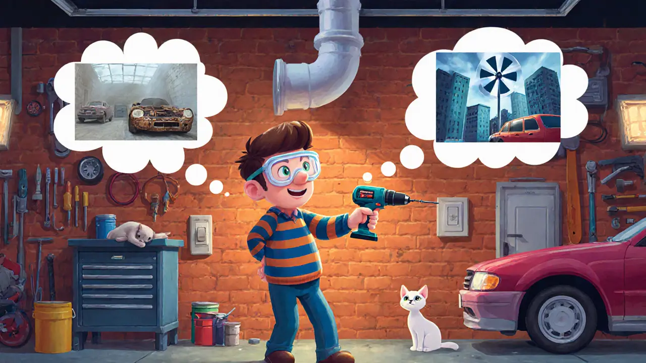 Мастер устанавливает вентиляцию в гараже: сверлит стену, трубы и вентилятор на фоне уютного рабочего пространства.