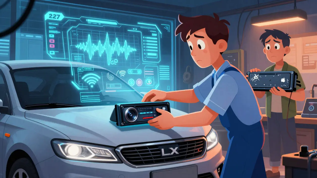 Механик устанавливает премиальную магнитолу, вокруг — схемы звука и связи, на заднем плане — проекция на лобовое стекло.