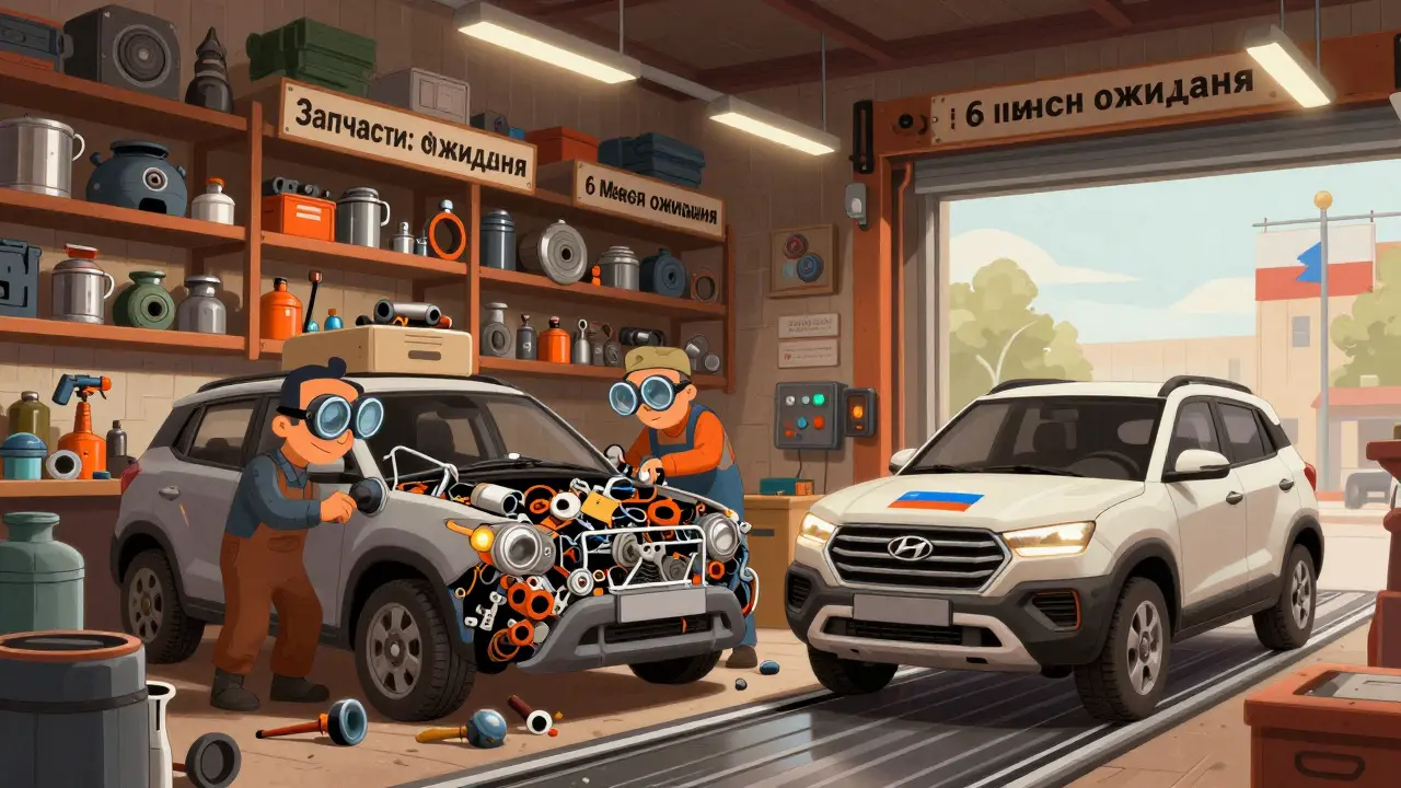 Механики ремонтируют Hyundai с запчастями из Казахстана, рядом — новая российская сборка.