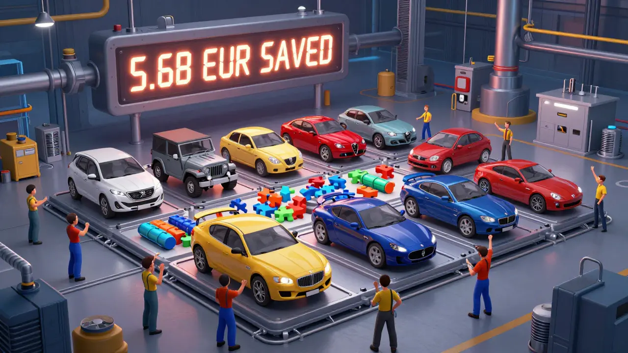 На конвейере собираются 14 брендов на одной платформе, рабочие радуются, цифры показывают экономию.