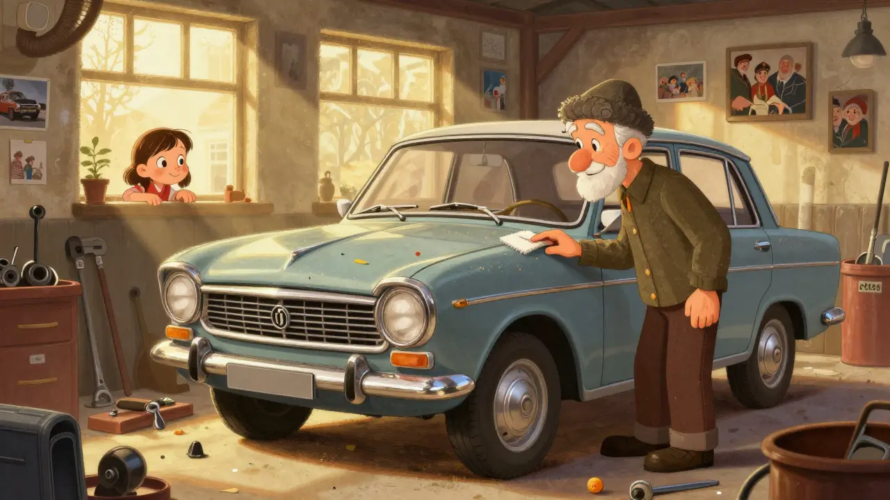 Пожилой мужчина реставрирует старую Волгу в гараже, девочка смотрит с любопытством.